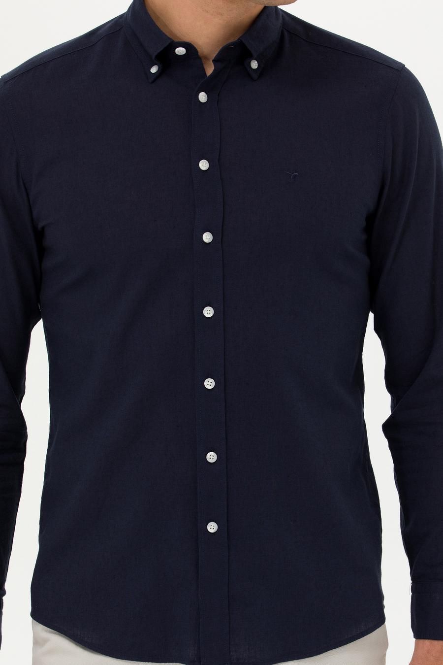 Lacivert Slim Fit Keten Karışımlı Gömlek - 50266184501