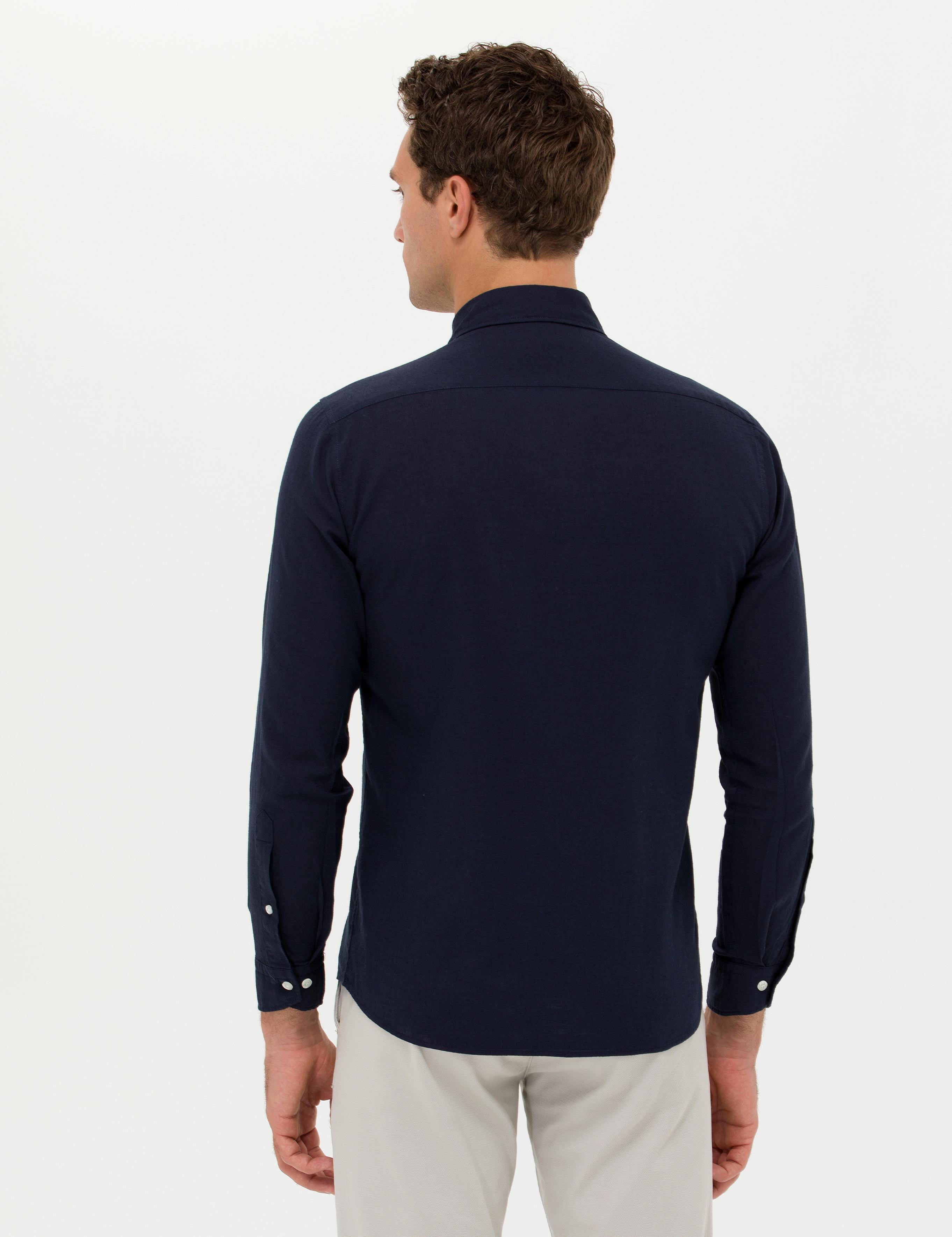 Lacivert Slim Fit Keten Karışımlı Gömlek - 50266184501