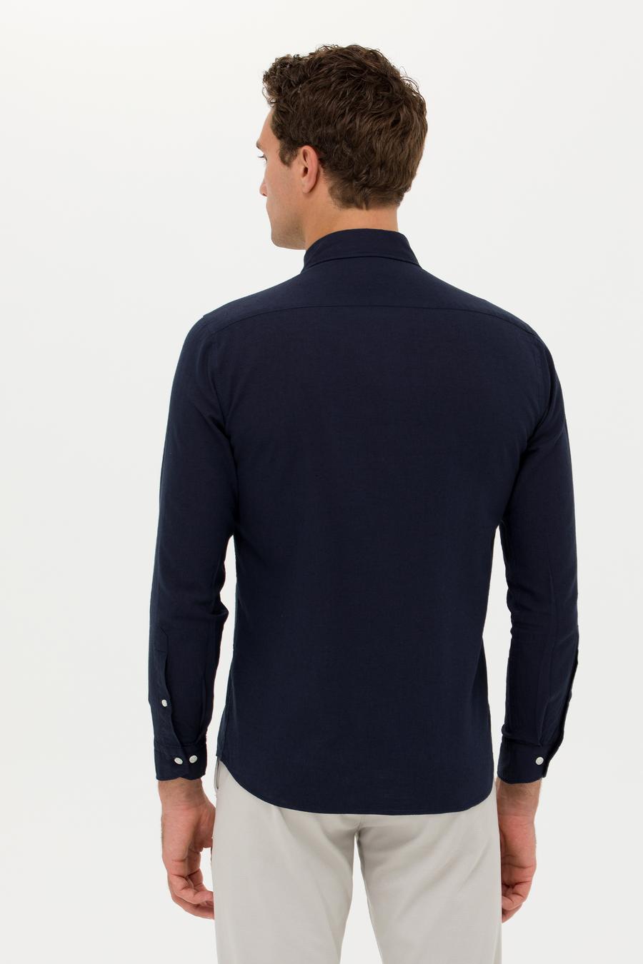 Lacivert Slim Fit Keten Karışımlı Gömlek - 50266184501