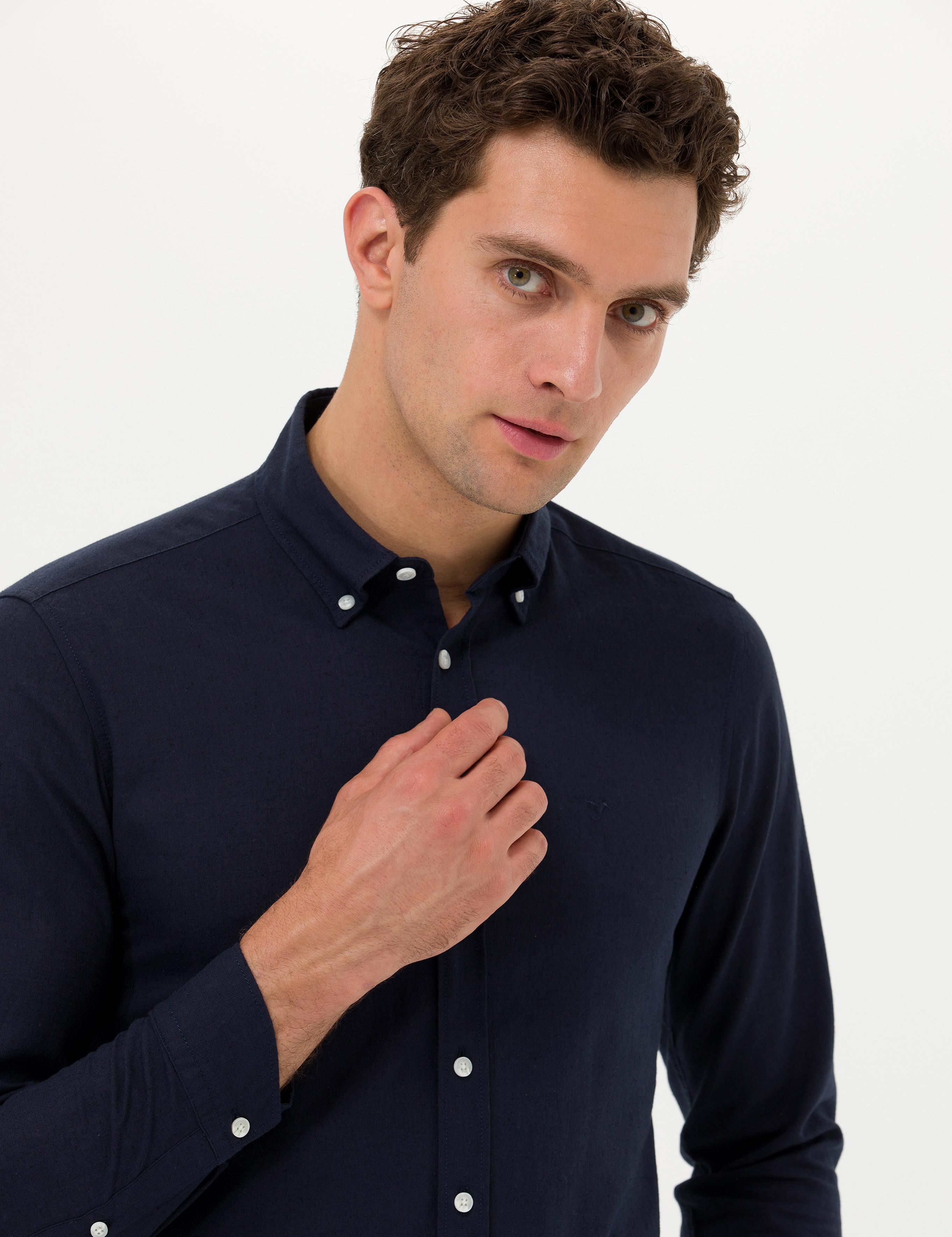 Lacivert Slim Fit Keten Karışımlı Gömlek - 50266184501