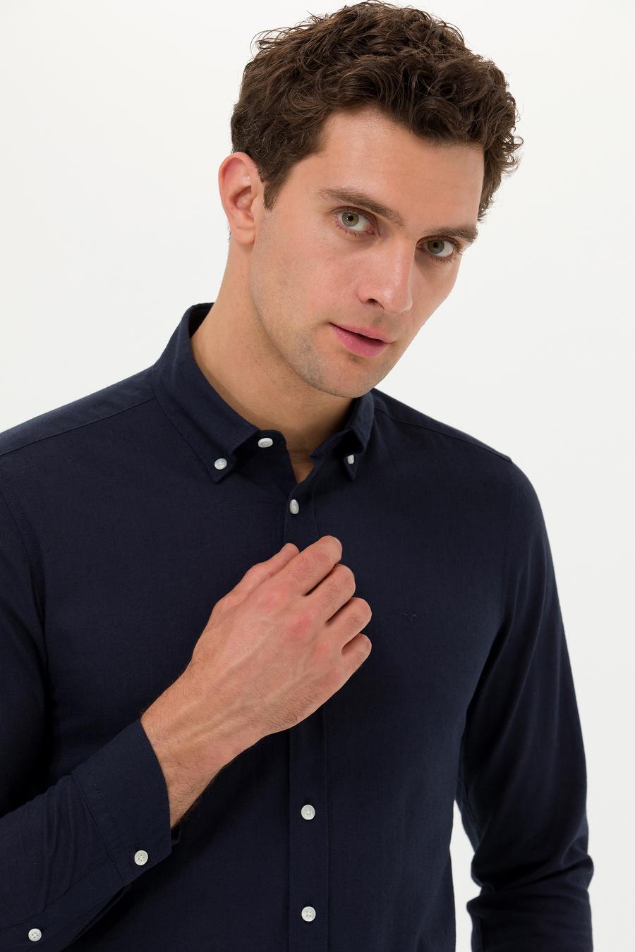 Lacivert Slim Fit Keten Karışımlı Gömlek - 50266184501