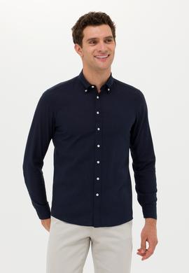Lacivert Slim Fit Keten Karışımlı Gömlek
