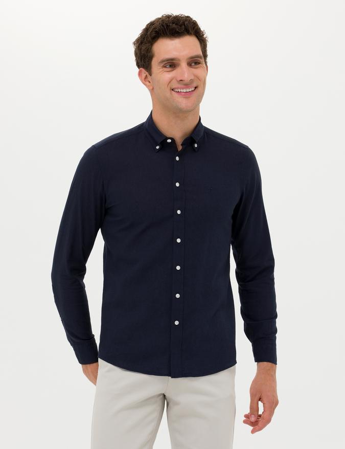 Lacivert Slim Fit Keten Karışımlı Gömlek