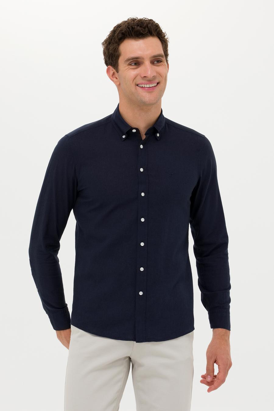 Lacivert Slim Fit Keten Karışımlı Gömlek - 50266184501