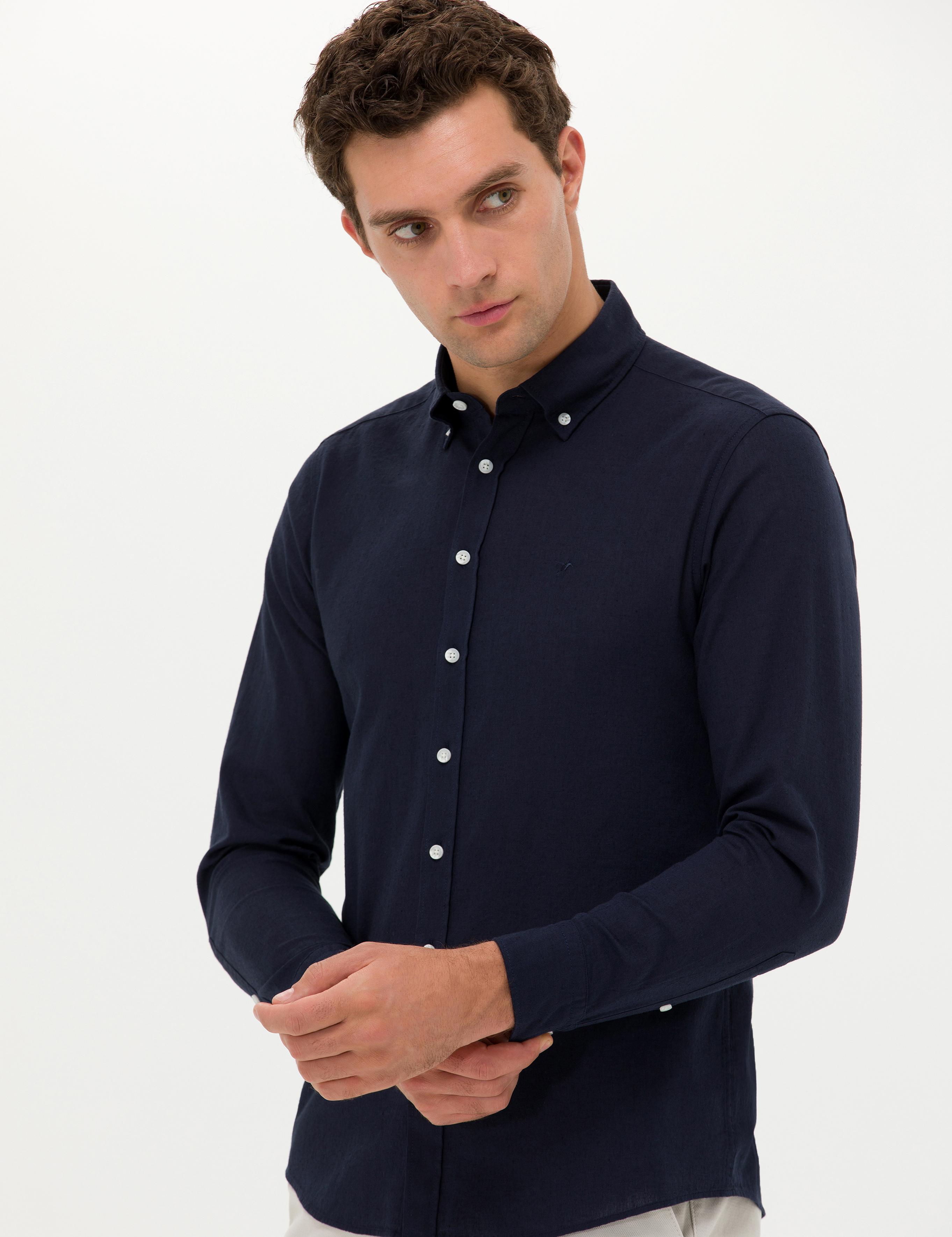 Lacivert Slim Fit Keten Karışımlı Gömlek - 50266184501