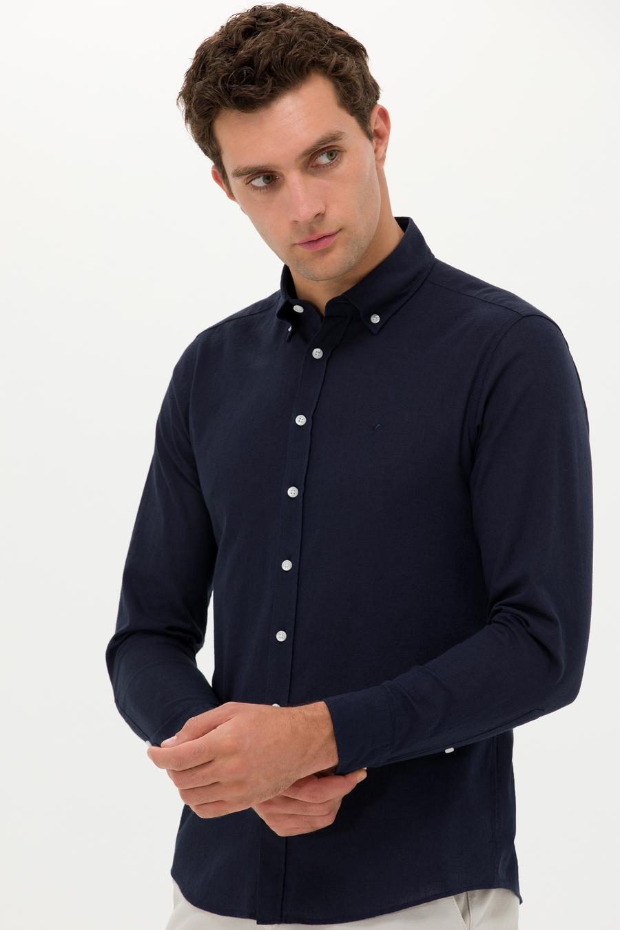 Lacivert Slim Fit Keten Karışımlı Gömlek - 50266184501