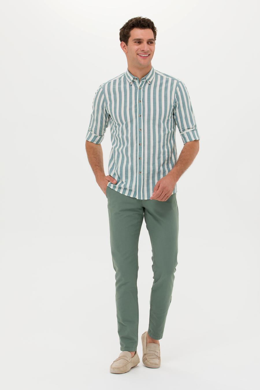 Yeşil  Slim Fit Keten Karışımlı Kanvas Pantolon - 50266873428