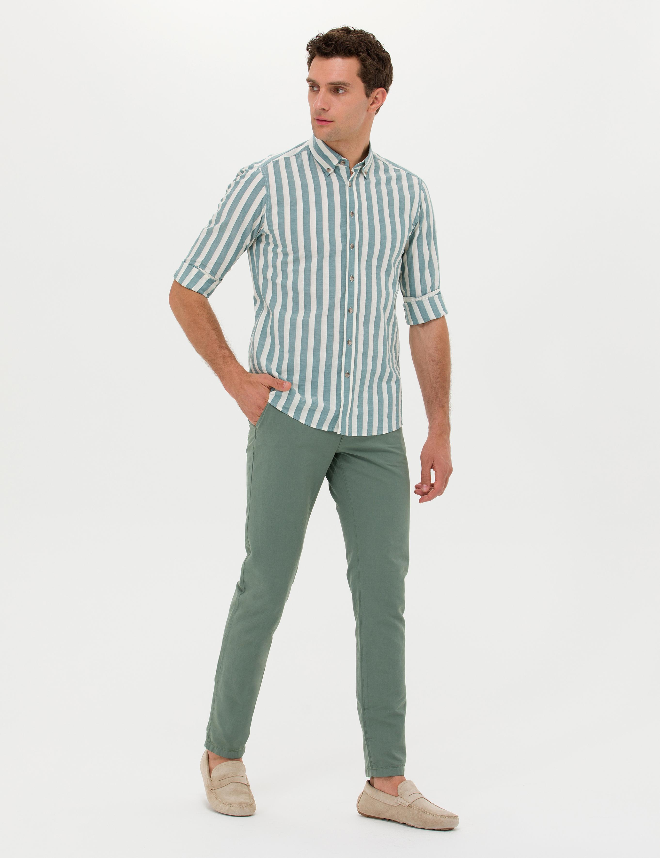 Yeşil  Slim Fit Keten Karışımlı Kanvas Pantolon - 50266873428