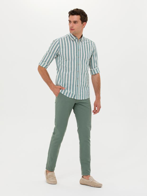 Yeşil  Slim Fit Keten Karışımlı Kanvas Pantolon