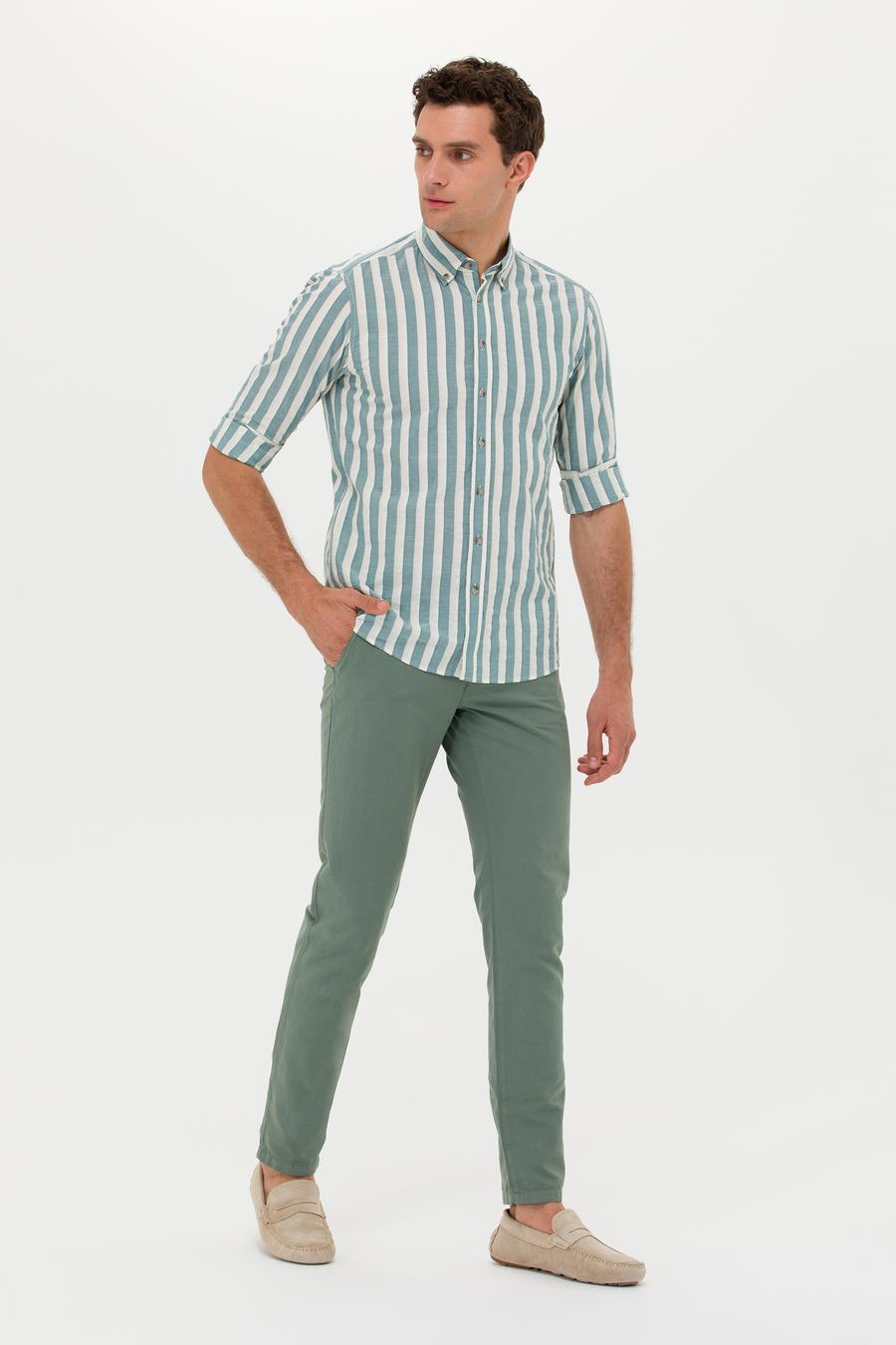 Yeşil  Slim Fit Keten Karışımlı Kanvas Pantolon - 50266873428