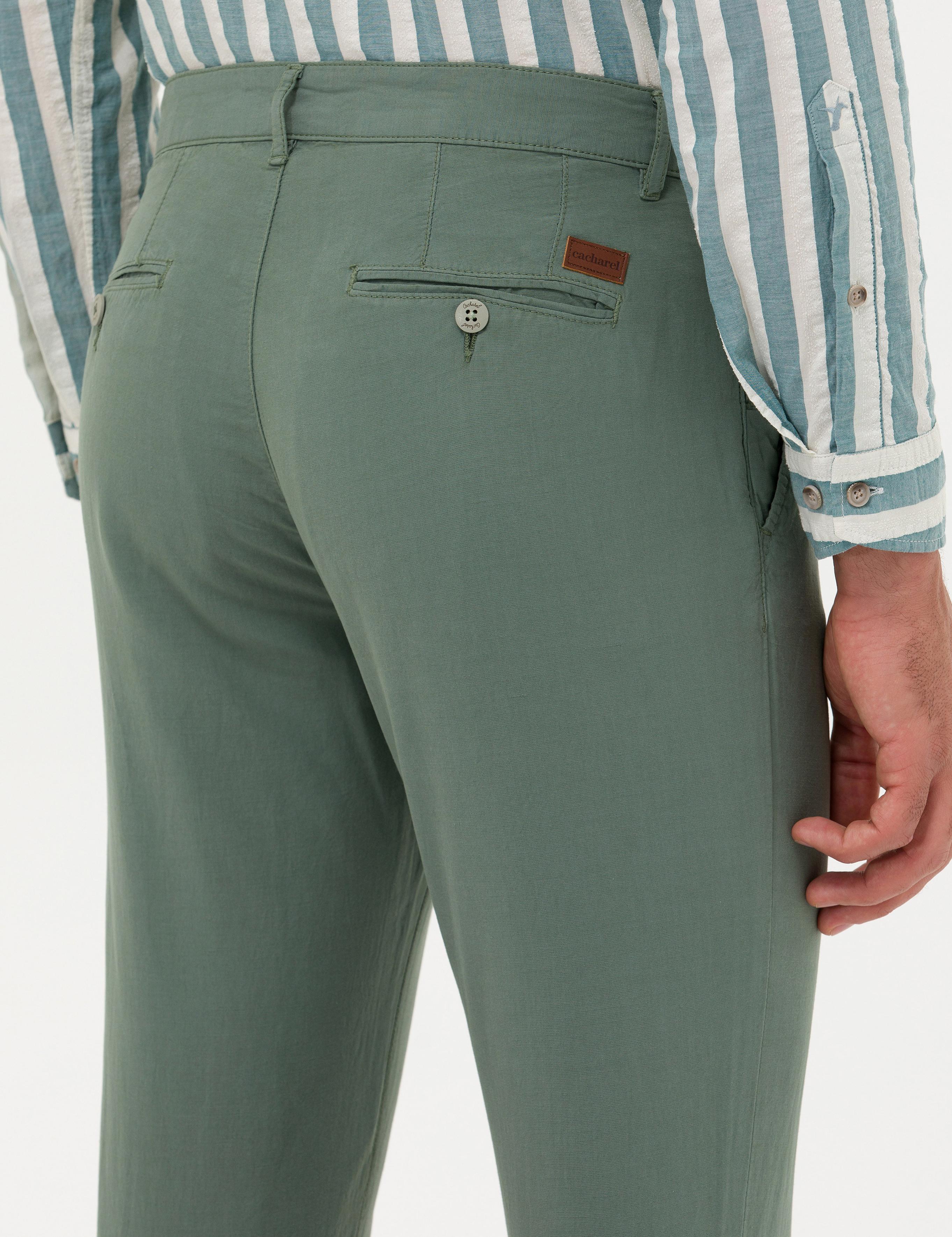 Yeşil  Slim Fit Keten Karışımlı Kanvas Pantolon - 50266873428