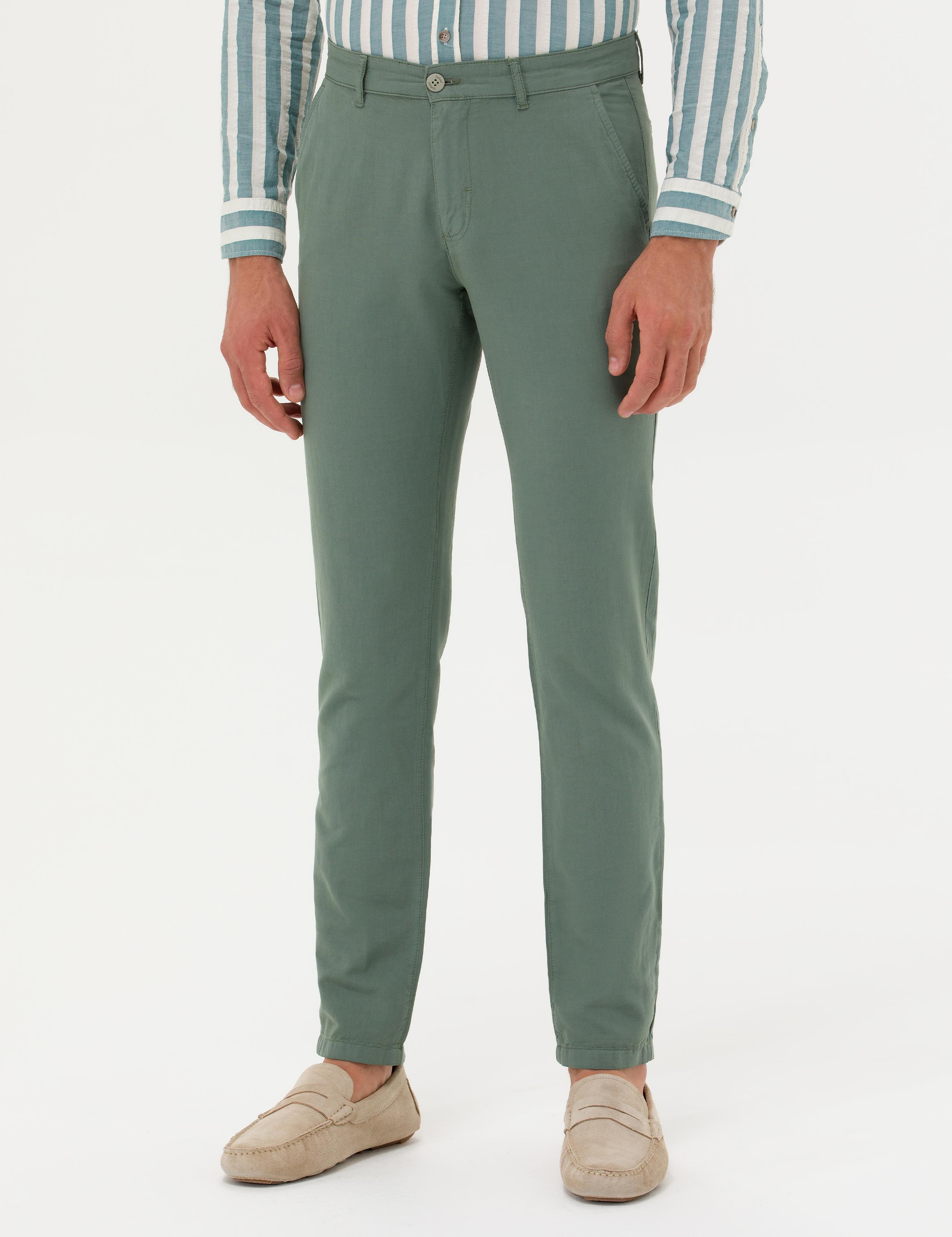 Yeşil  Slim Fit Keten Karışımlı Kanvas Pantolon - 50266873428