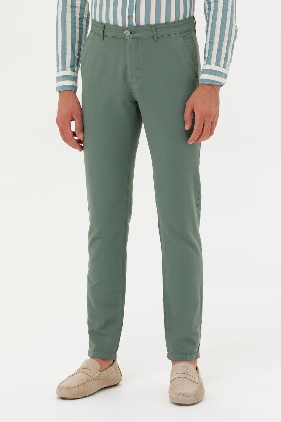 Yeşil  Slim Fit Keten Karışımlı Kanvas Pantolon - 50266873428