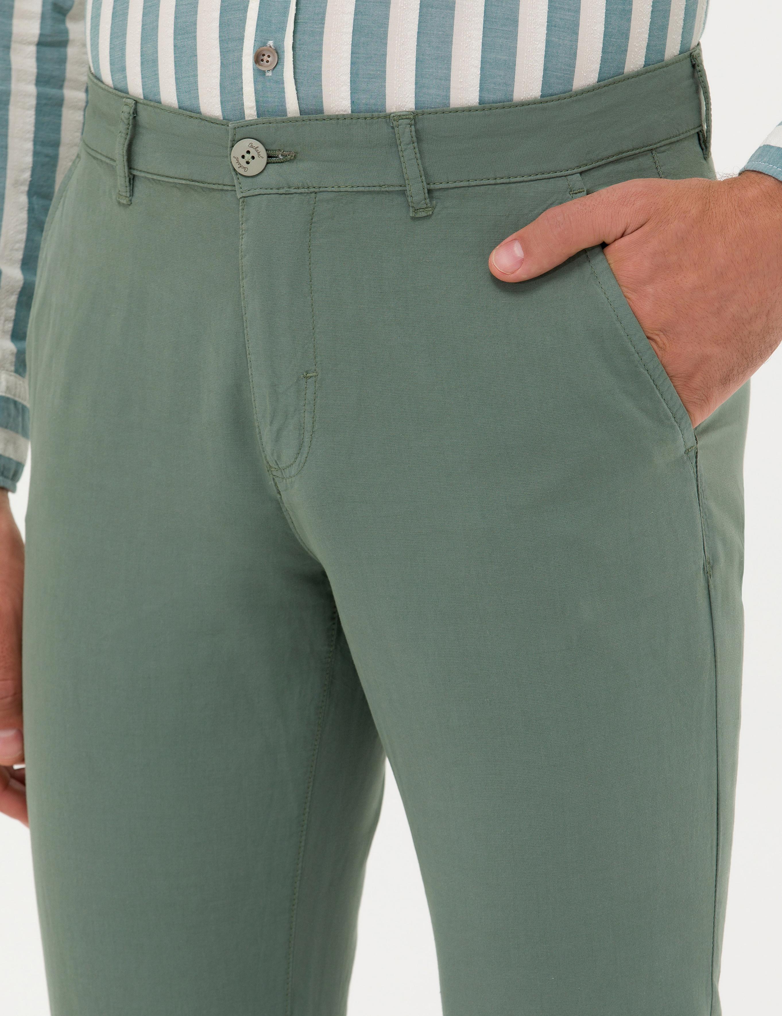 Yeşil  Slim Fit Keten Karışımlı Kanvas Pantolon - 50266873428
