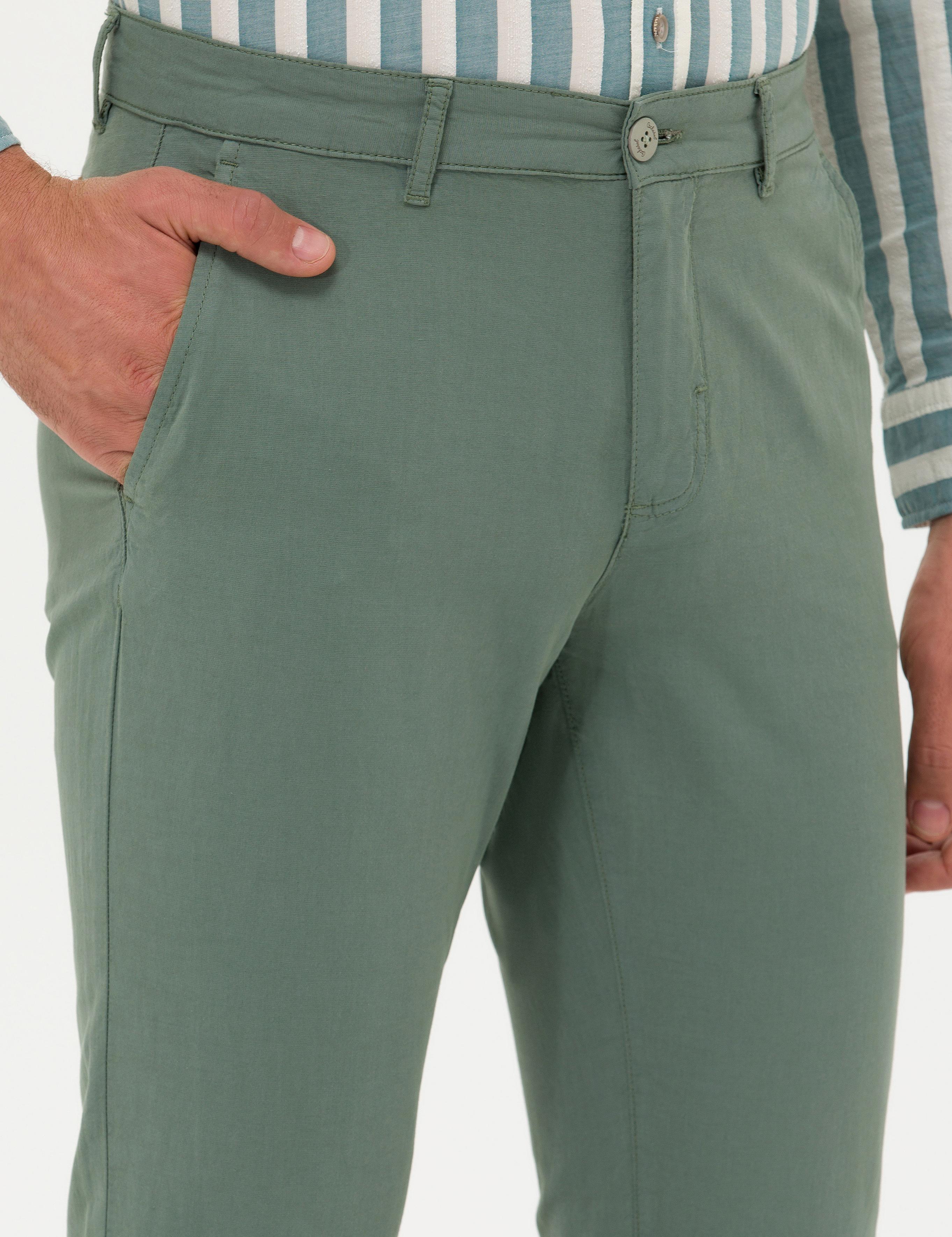Yeşil  Slim Fit Keten Karışımlı Kanvas Pantolon - 50266873428