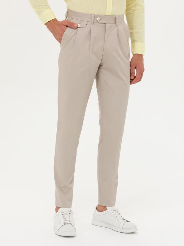 Bej Dad Fit %100 Pamuk Pileli Kumaş Pantolon