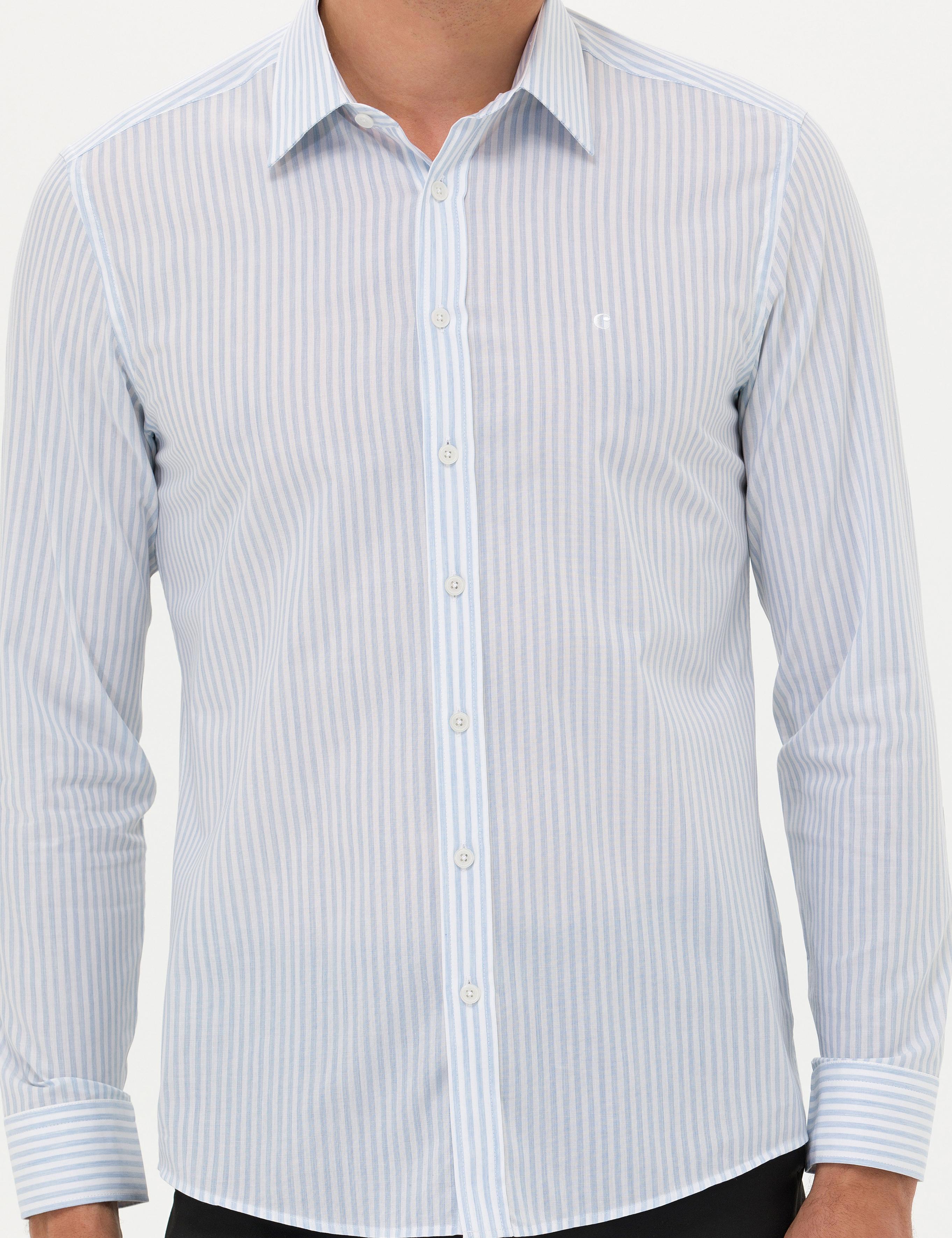 Açık Mavi Slim Fit Uzun Kollu Çizgili Gömlek - 50265464065