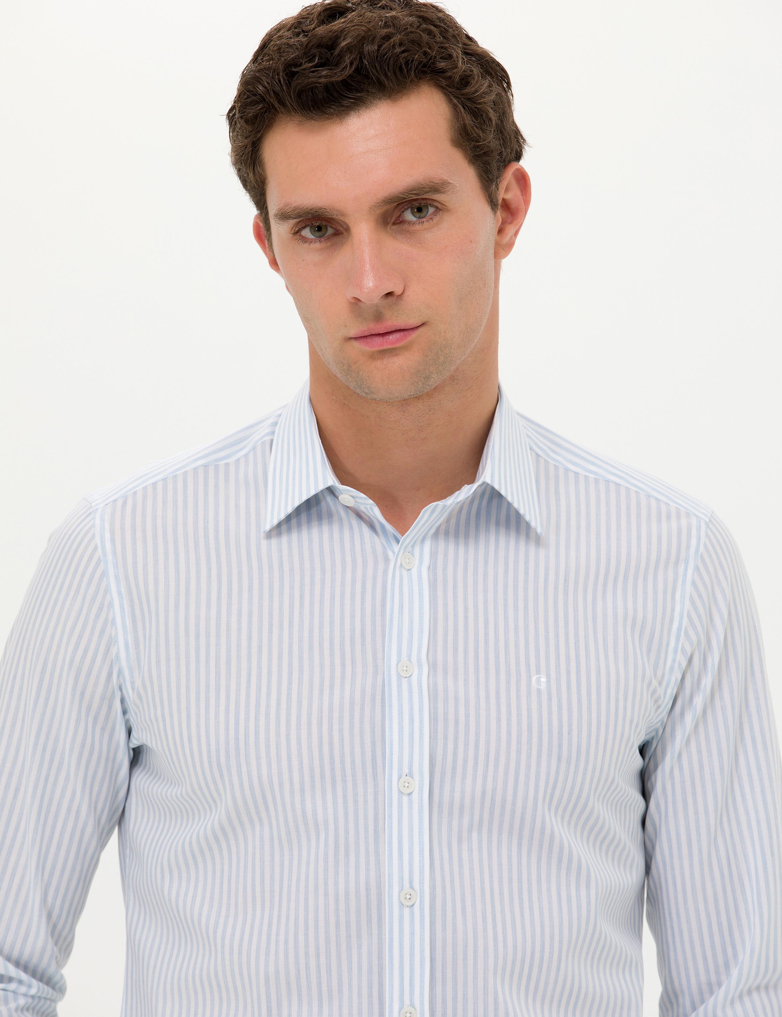 Açık Mavi Slim Fit Uzun Kollu Çizgili Gömlek - 50265464065