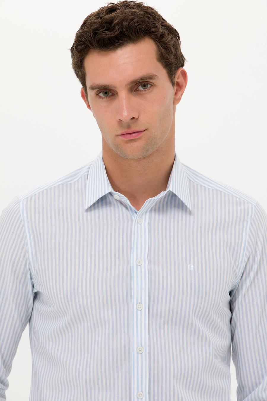 Açık Mavi Slim Fit Uzun Kollu Çizgili Gömlek - 50265464065