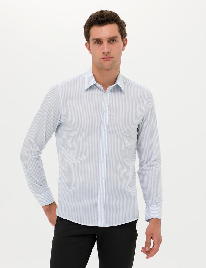 Açık Mavi Slim Fit Uzun Kollu Çizgili Gömlek