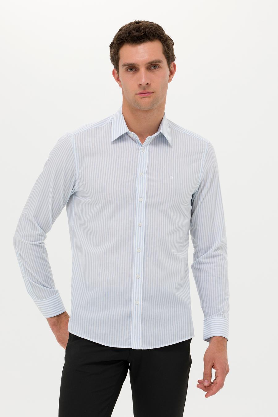 Açık Mavi Slim Fit Uzun Kollu Çizgili Gömlek - 50265464065