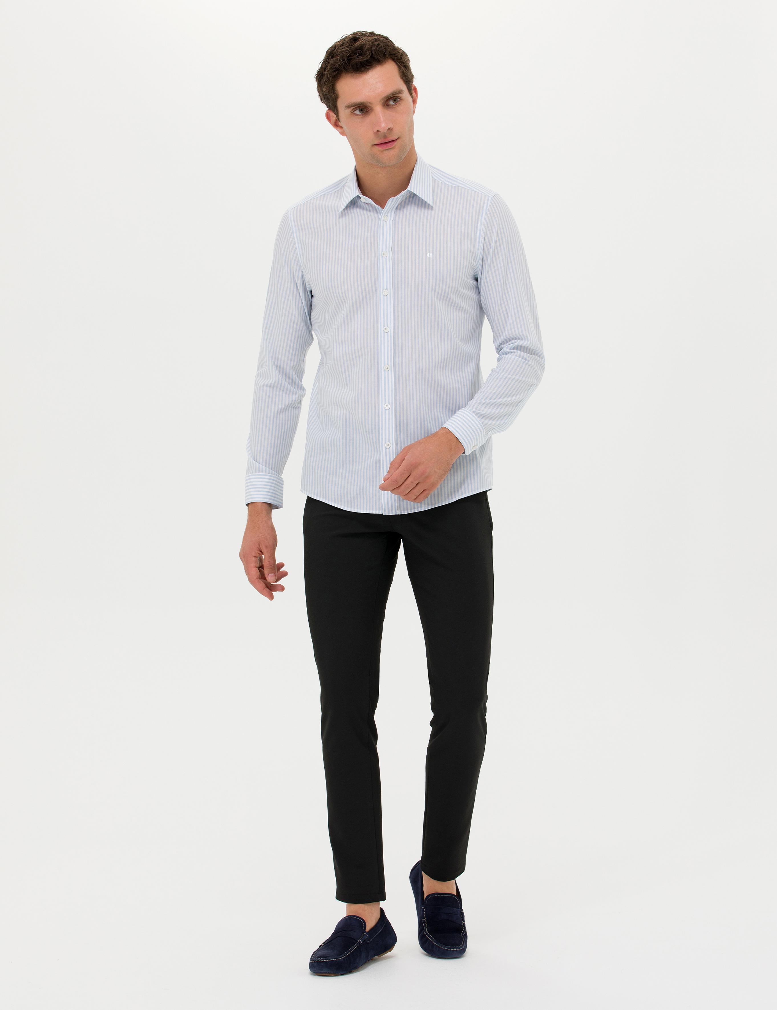 Açık Mavi Slim Fit Uzun Kollu Çizgili Gömlek - 50265464065