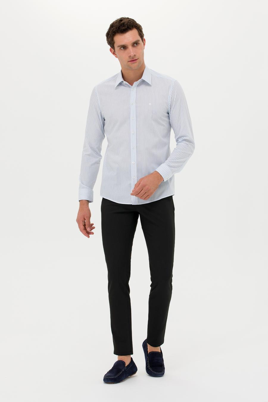 Açık Mavi Slim Fit Uzun Kollu Çizgili Gömlek - 50265464065