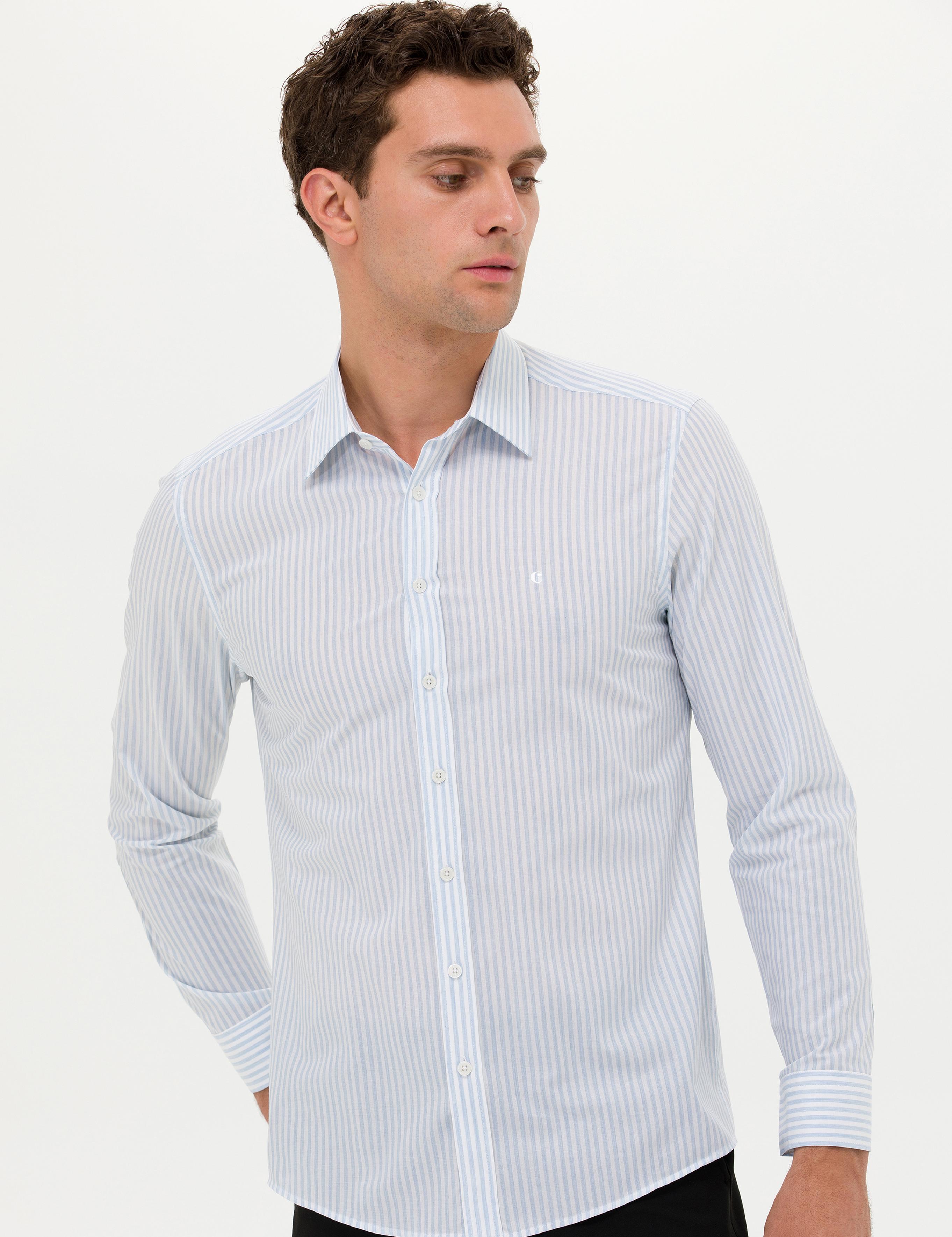 Açık Mavi Slim Fit Uzun Kollu Çizgili Gömlek - 50265464065