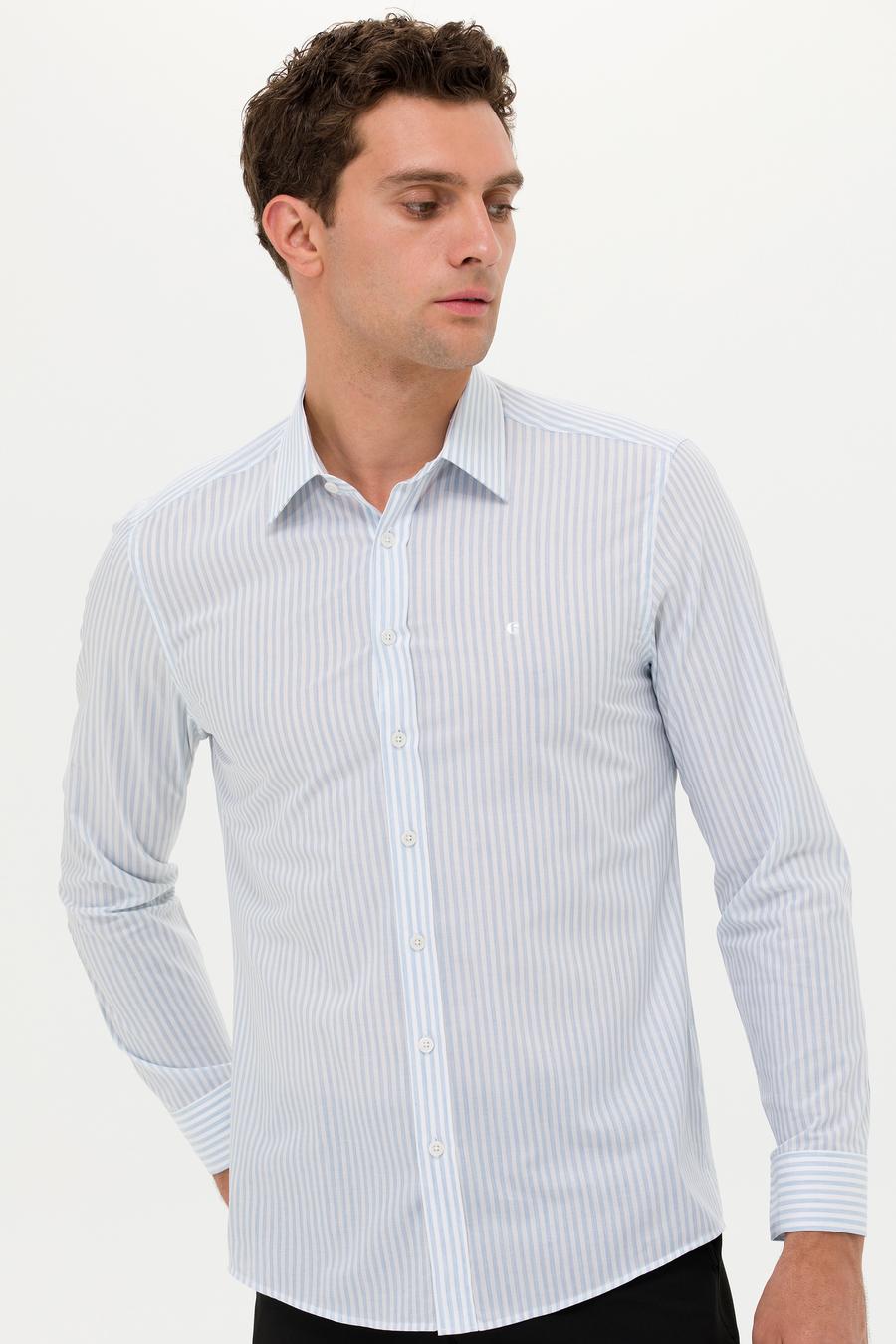 Açık Mavi Slim Fit Uzun Kollu Çizgili Gömlek - 50265464065