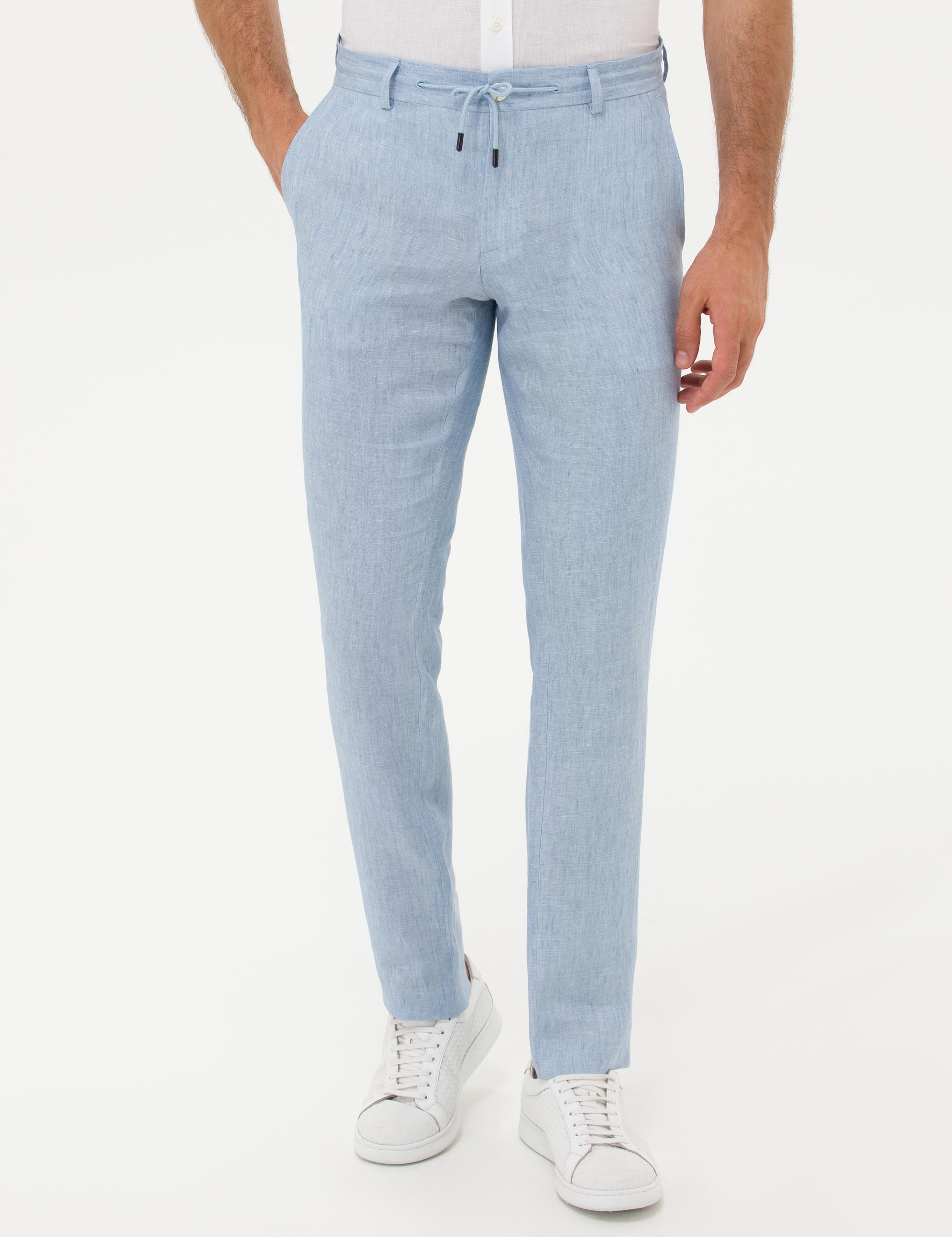 Açık Mavi Slim Fit Beli Bağcıklı %100 Keten Pantolon - 50268873024