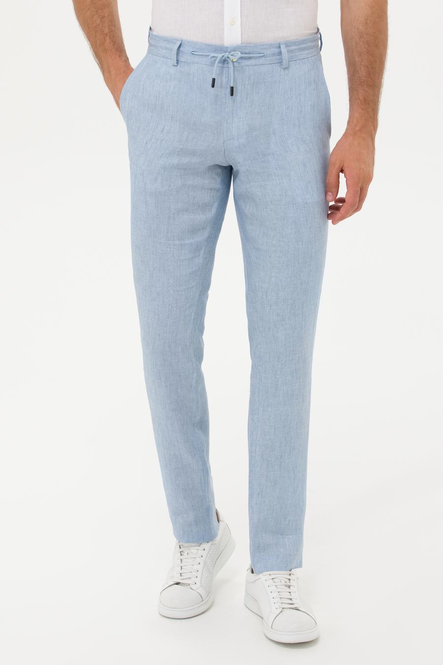 Açık Mavi Slim Fit Beli Bağcıklı %100 Keten Pantolon - 50268873024