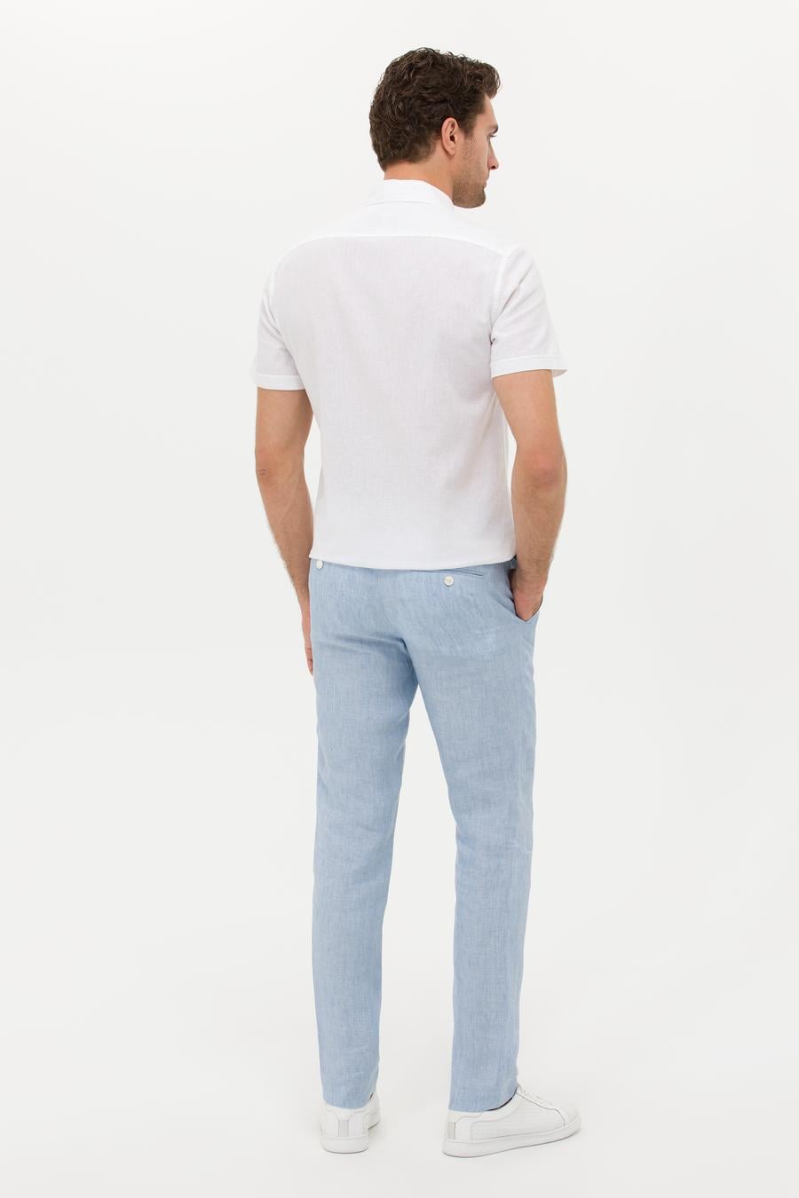 Açık Mavi Slim Fit Beli Bağcıklı %100 Keten Pantolon - 50268873024