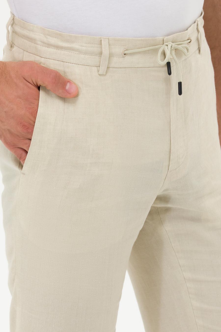 Bej Slim Fit Beli Bağcıklı %100 Keten Pantolon - 50268873028