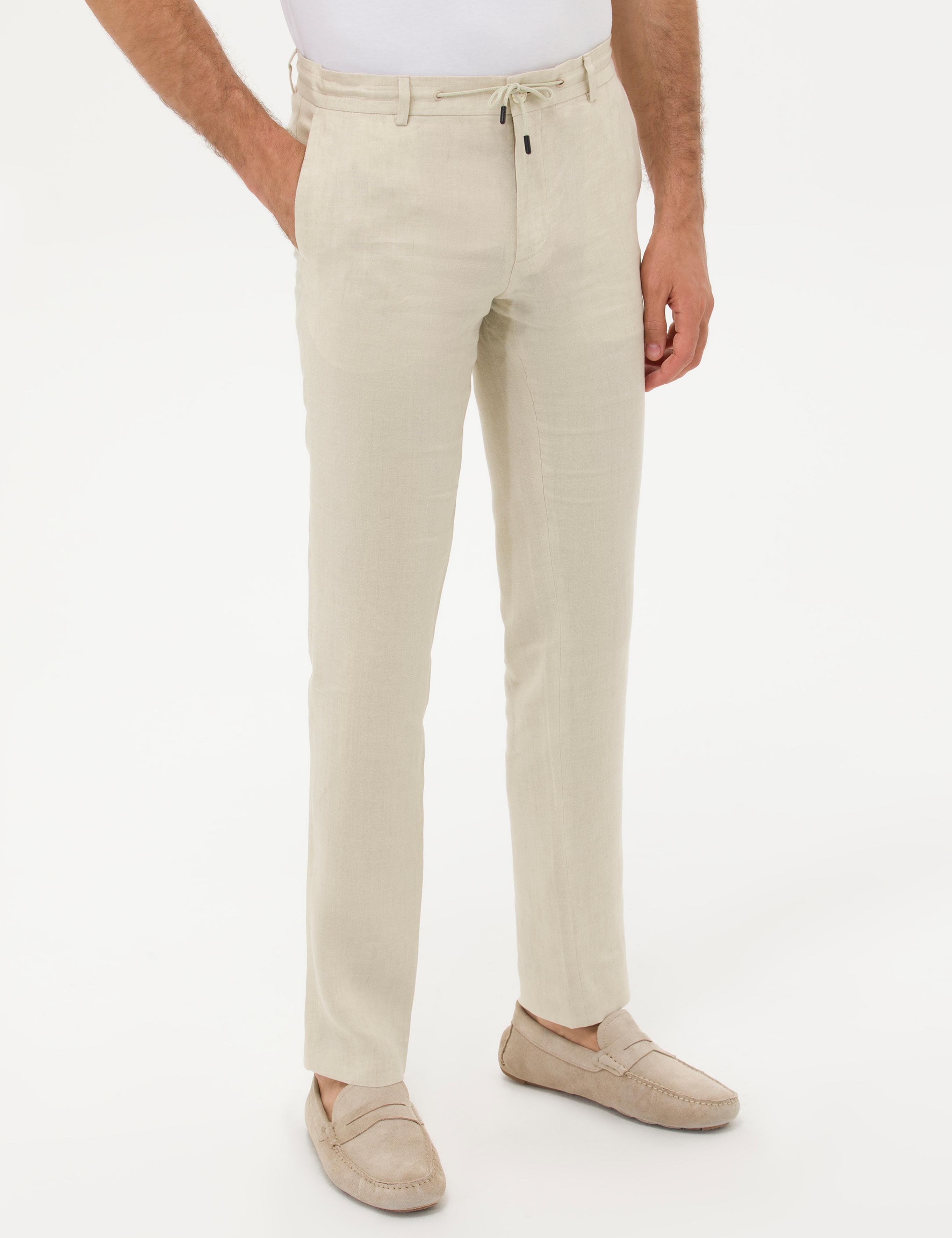 Bej Slim Fit Beli Bağcıklı %100 Keten Pantolon - 50268873028