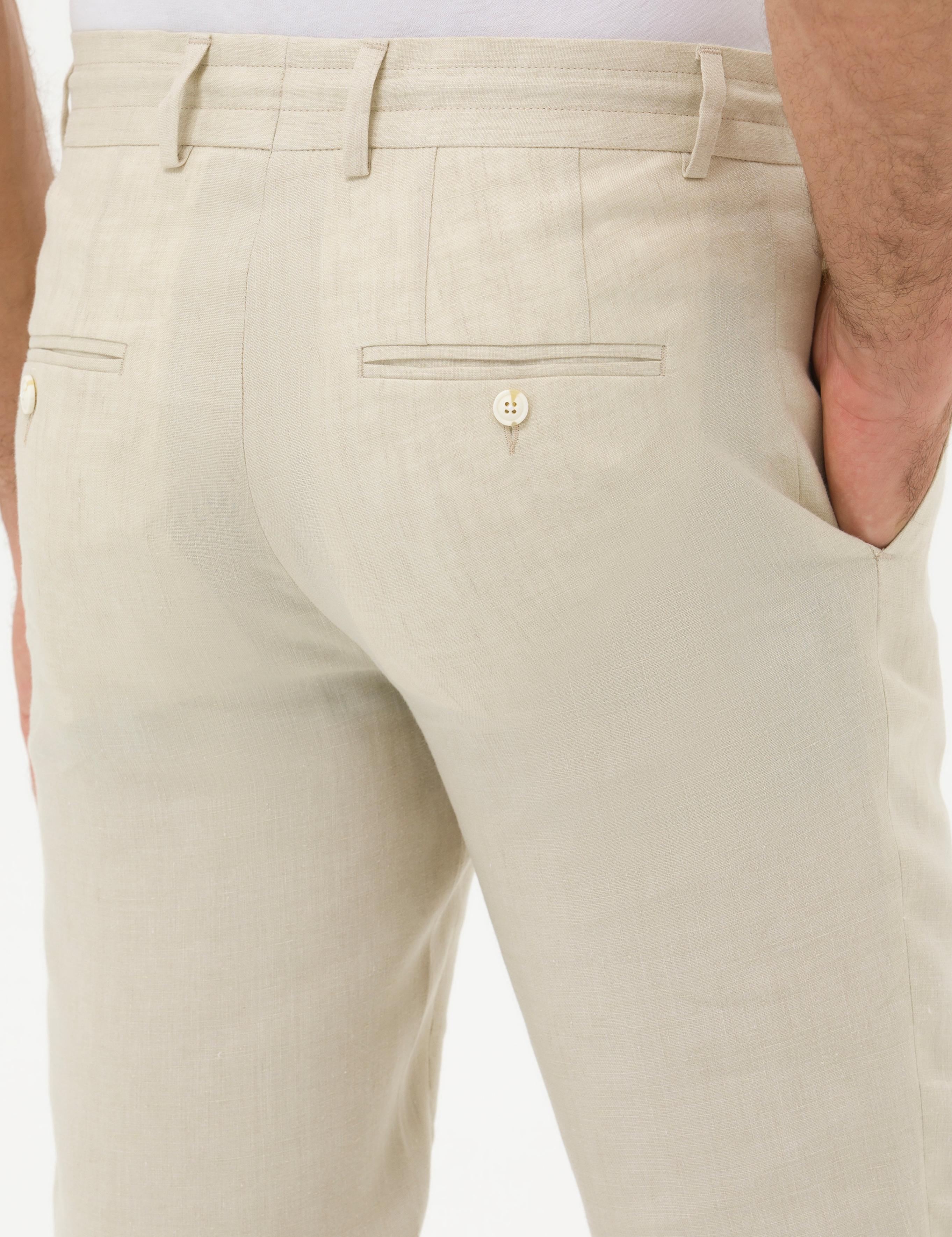 Bej Slim Fit Beli Bağcıklı %100 Keten Pantolon - 50268873028