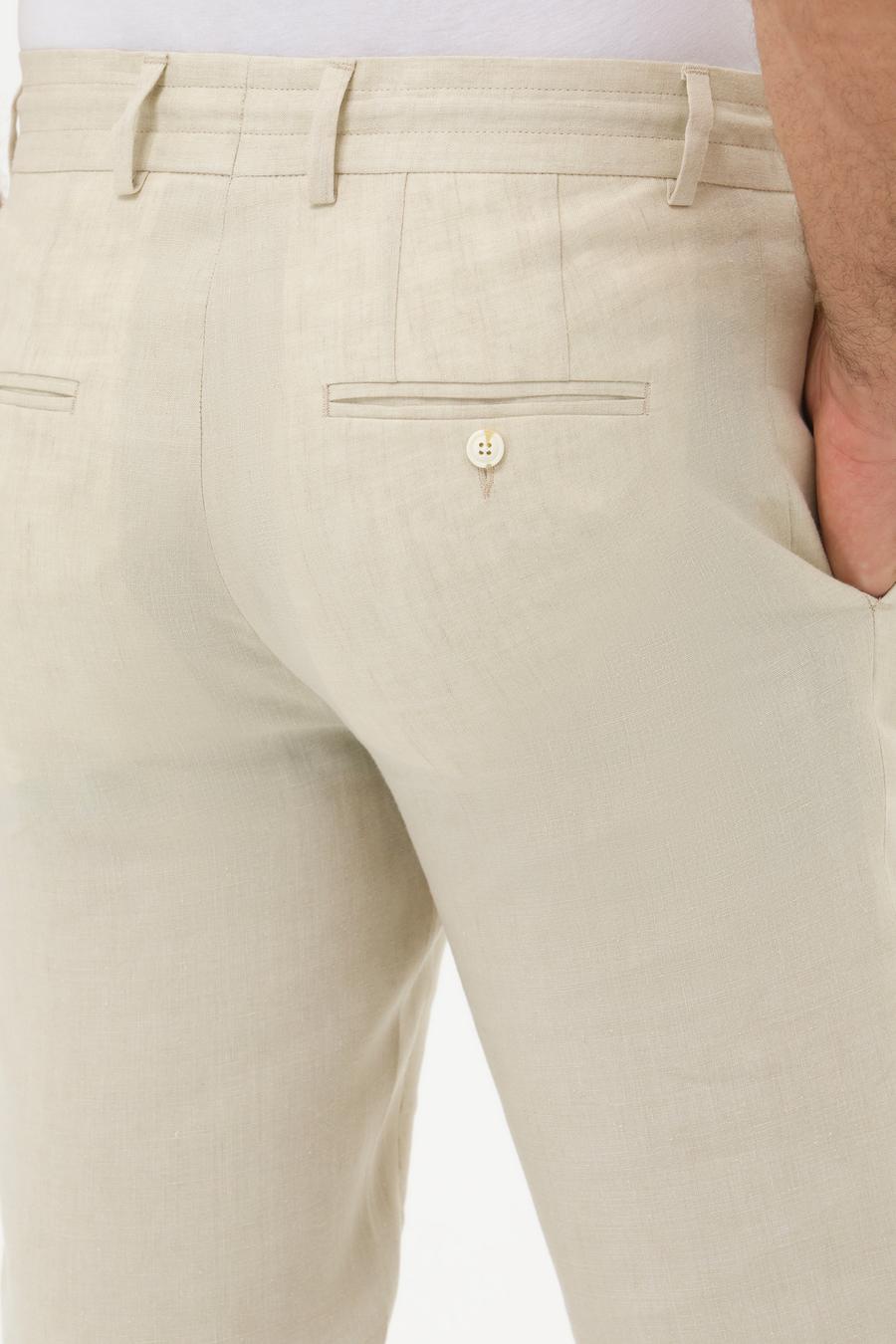 Bej Slim Fit Beli Bağcıklı %100 Keten Pantolon - 50268873028