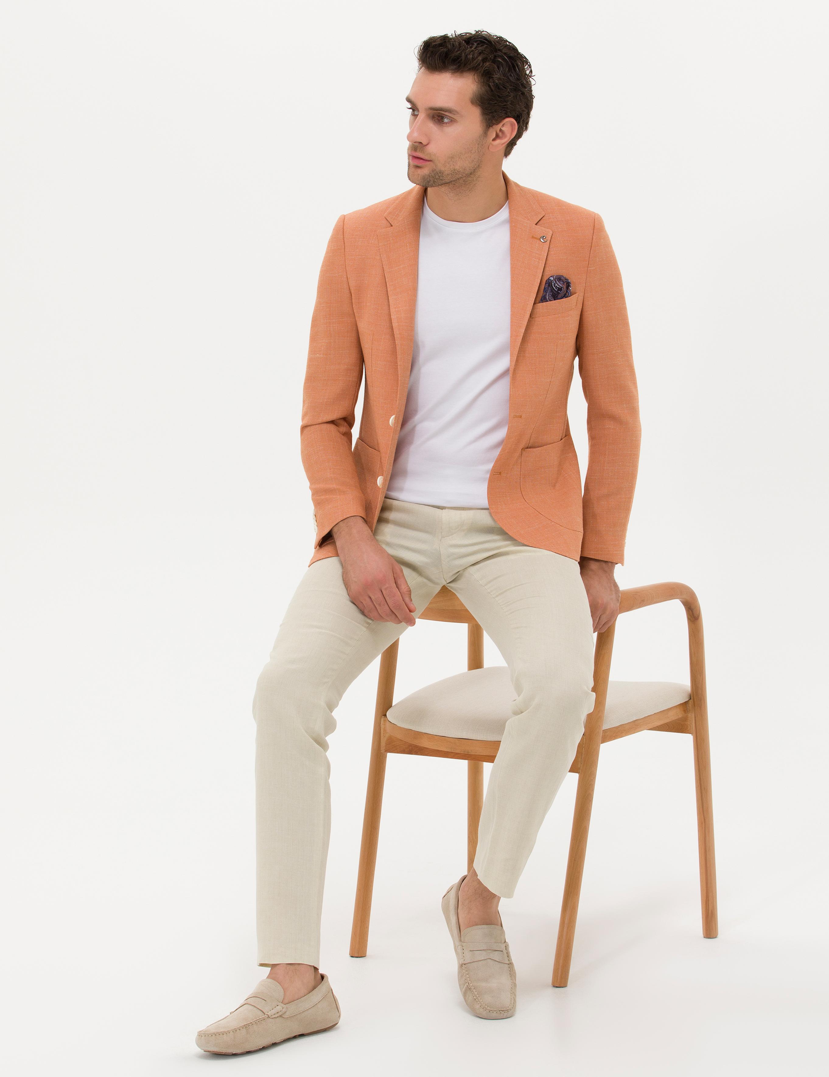 Bej Slim Fit Beli Bağcıklı %100 Keten Pantolon - 50268873028