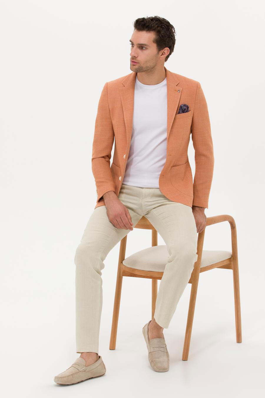 Bej Slim Fit Beli Bağcıklı %100 Keten Pantolon - 50268873028