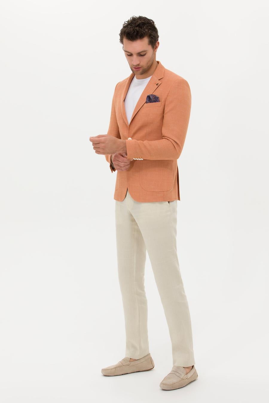 Bej Slim Fit Beli Bağcıklı %100 Keten Pantolon - 50268873028