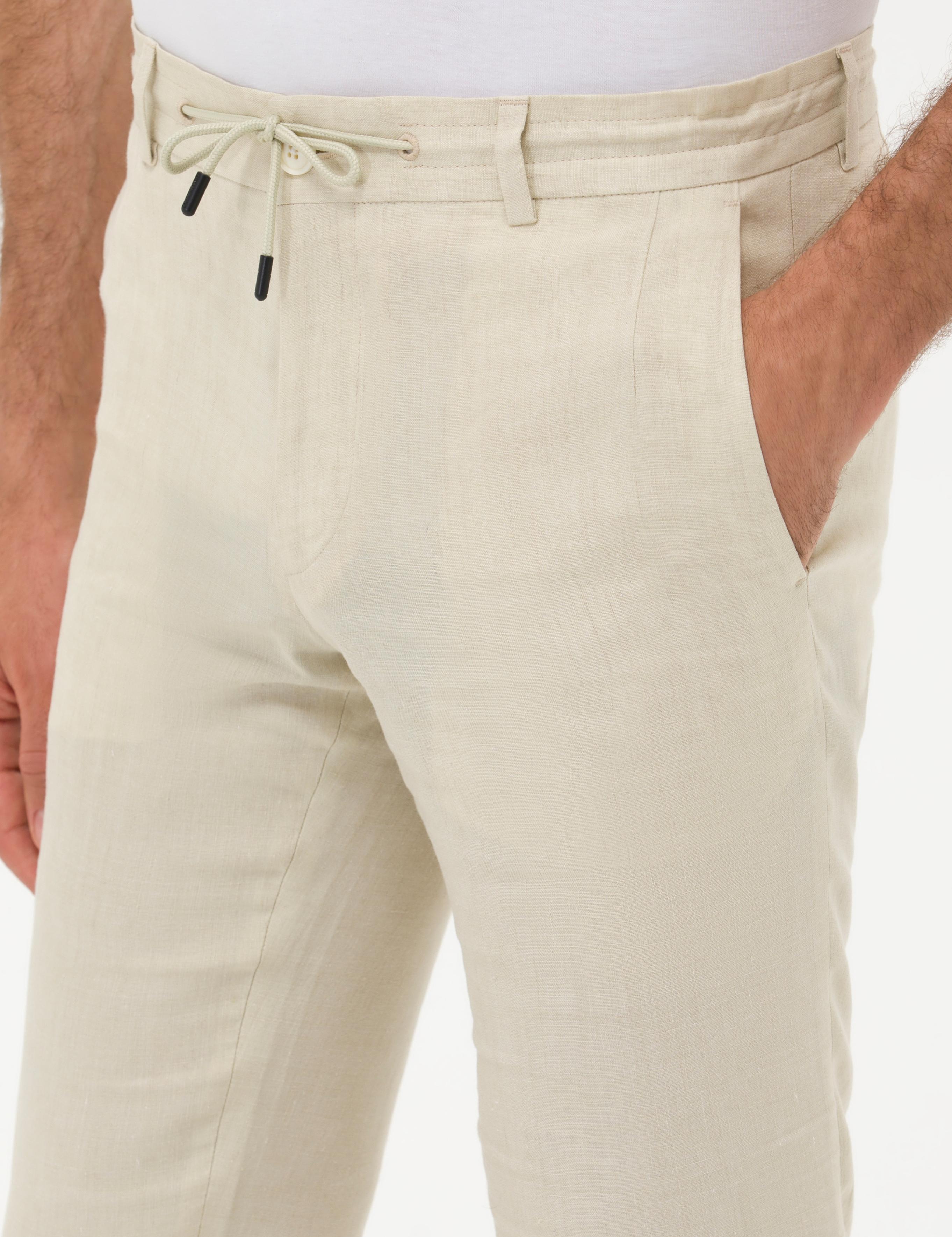 Bej Slim Fit Beli Bağcıklı %100 Keten Pantolon - 50268873028