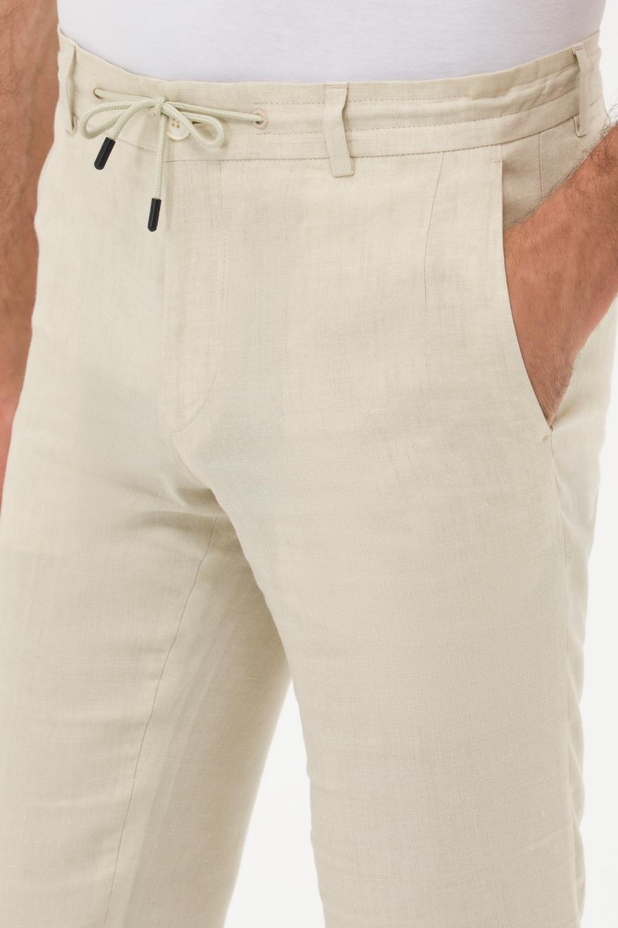 Bej Slim Fit Beli Bağcıklı %100 Keten Pantolon - 50268873028