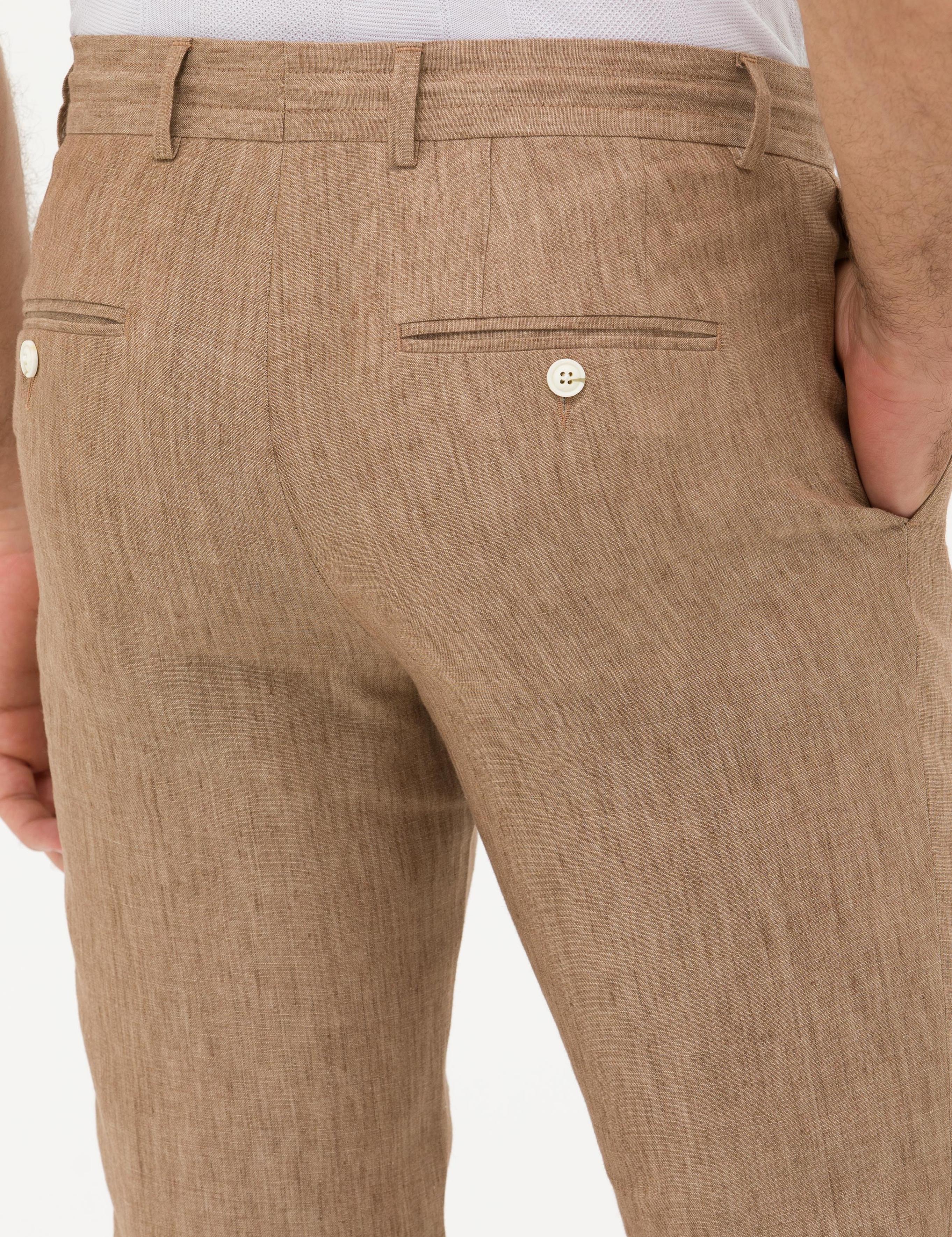 Kahverengi Slim Fit Beli Bağcıklı Keten Pantolon - 50268873050