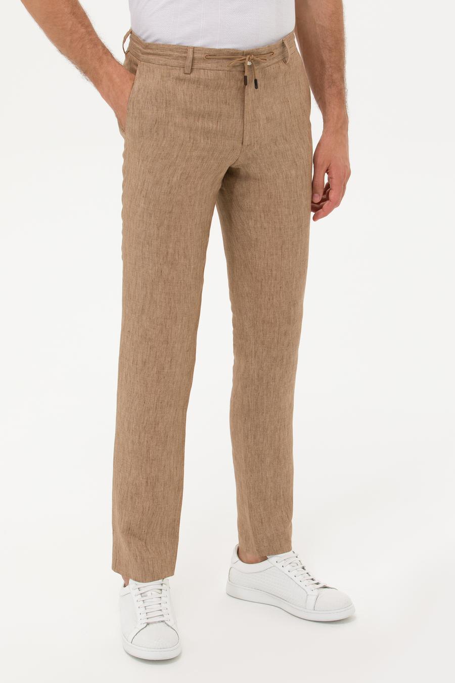 Kahverengi Slim Fit Beli Bağcıklı Keten Pantolon - 50268873050