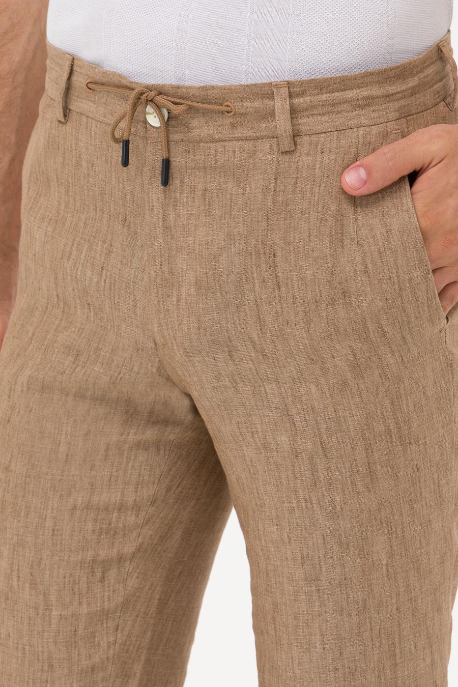 Kahverengi Slim Fit Beli Bağcıklı Keten Pantolon - 50268873050