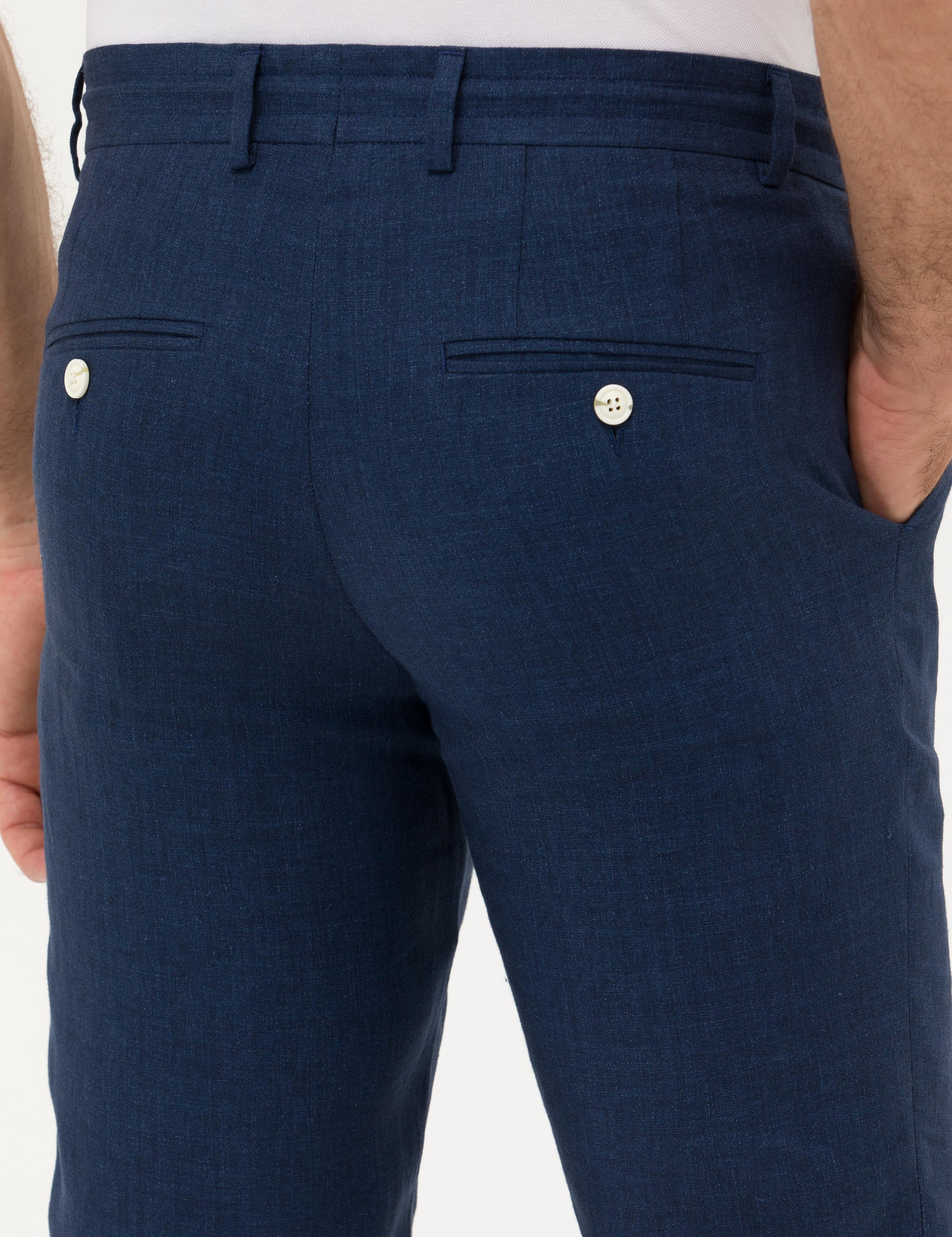 Lacivert Slim Fit Beli Bağcıklı %100 Keten Pantolon - 50268873061