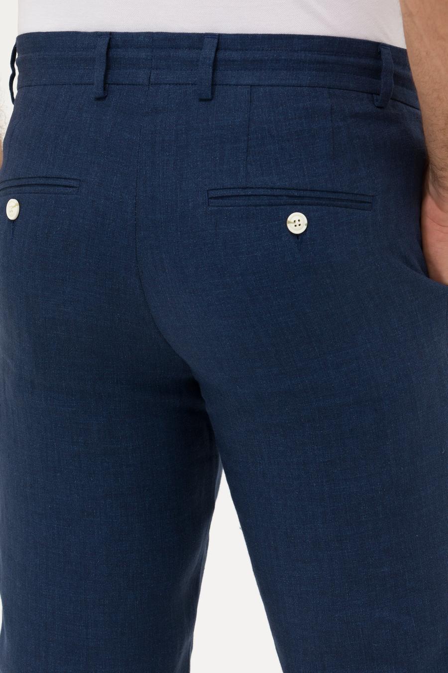 Lacivert Slim Fit Beli Bağcıklı %100 Keten Pantolon - 50268873061