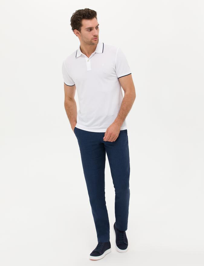 Lacivert Slim Fit Beli Bağcıklı %100 Keten Pantolon