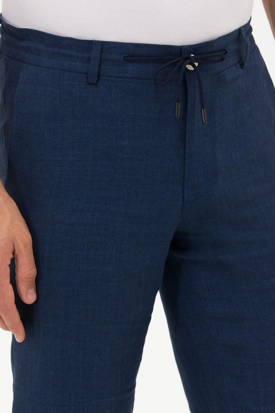 Lacivert Slim Fit Beli Bağcıklı %100 Keten Pantolon - 50268873061