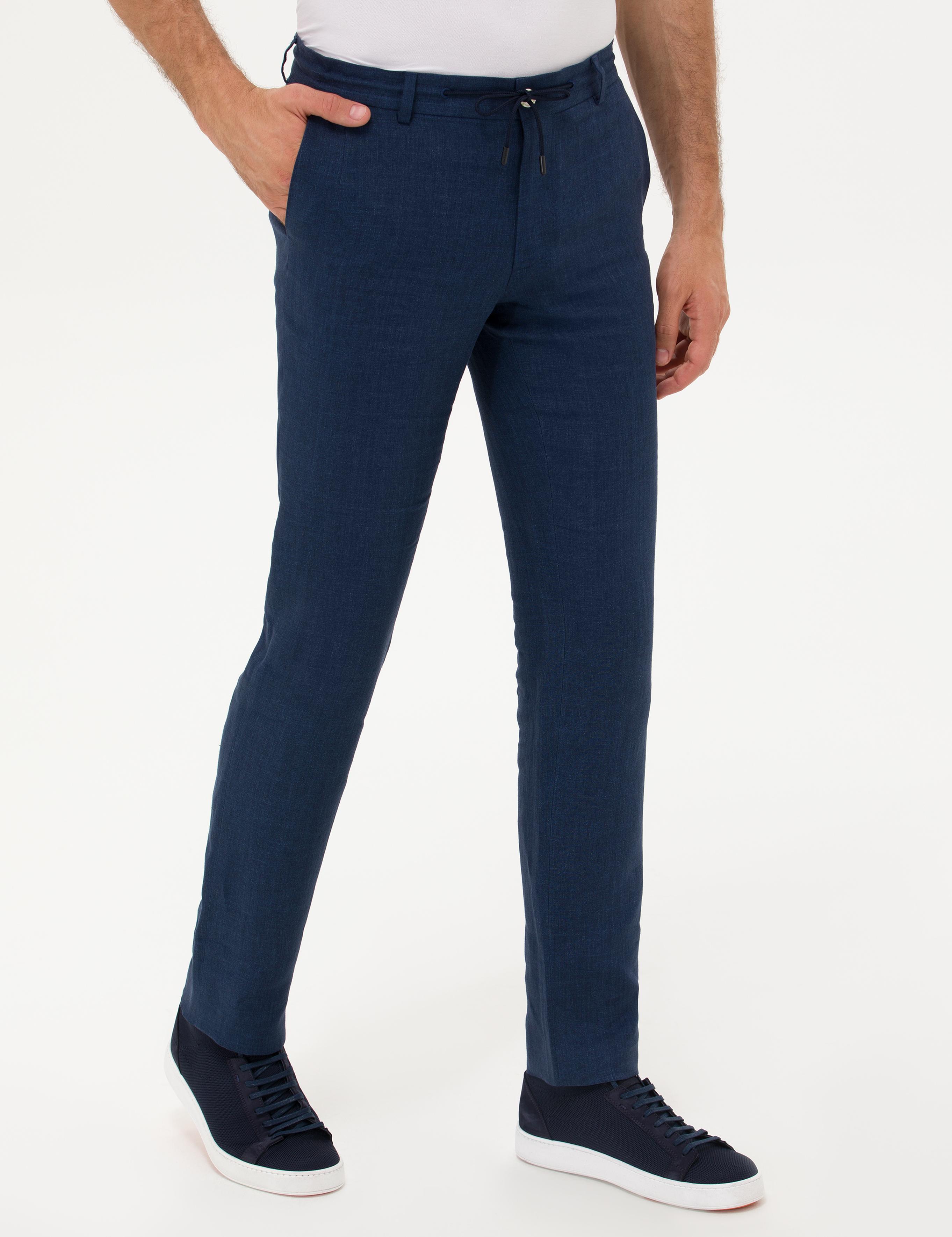 Lacivert Slim Fit Beli Bağcıklı %100 Keten Pantolon - 50268873061