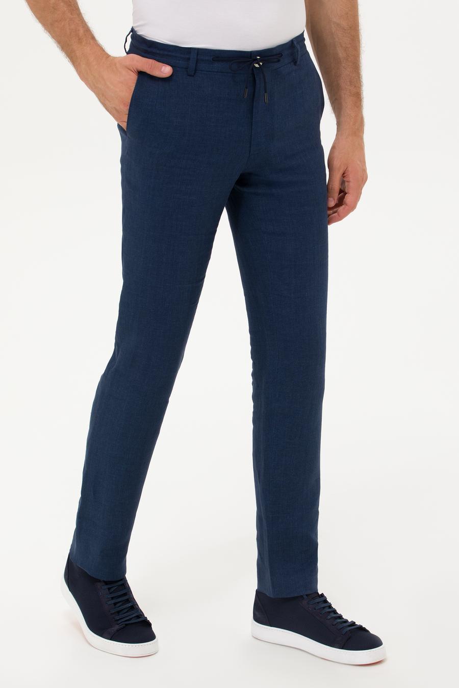 Lacivert Slim Fit Beli Bağcıklı %100 Keten Pantolon - 50268873061